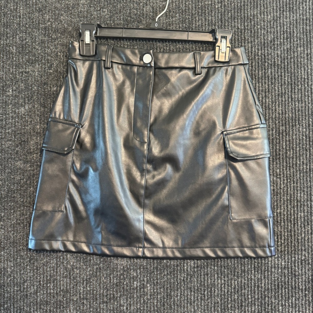 And Now This Mini Skirt Women Small Black Faux Leather Cargo Utility NWT